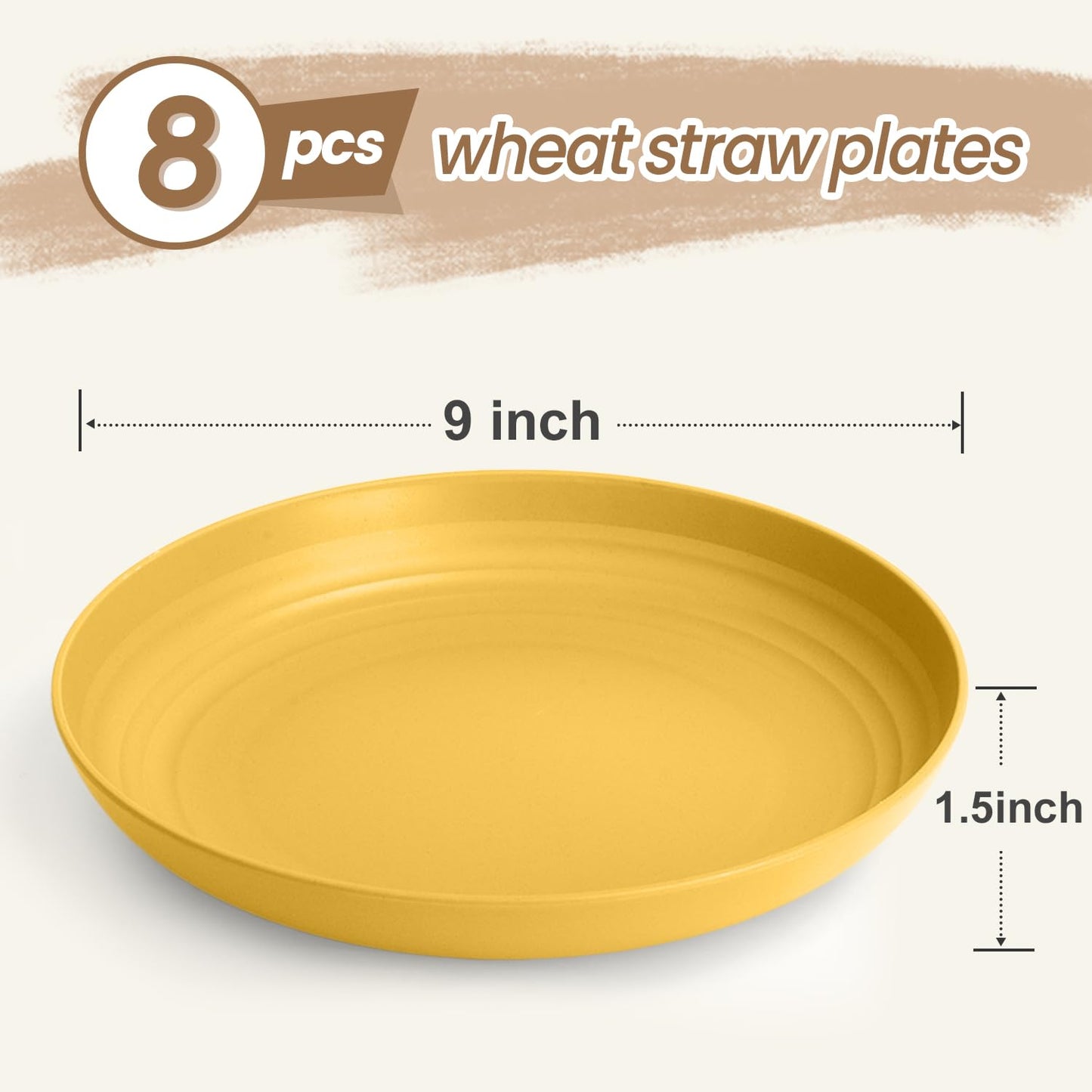 BUSOKIP Wheat Straw Plate 9 Inch, Deep Dinner Plates Set of 8, Unbreakable Plastic Plate Reusable, Microwave & Dishwasher Safe Kitchen Plates for Camping, Picnic, Travel, Outdoor (Multi Colors)