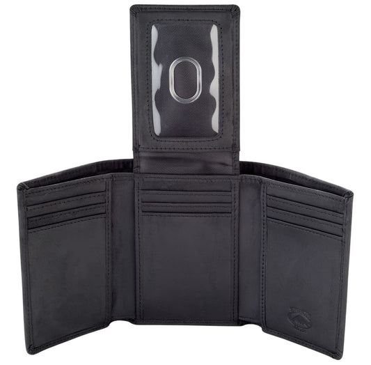 Stealth Mode Trifold Leather Wallet for Men with ID Holder and RFID Blocking (Black)