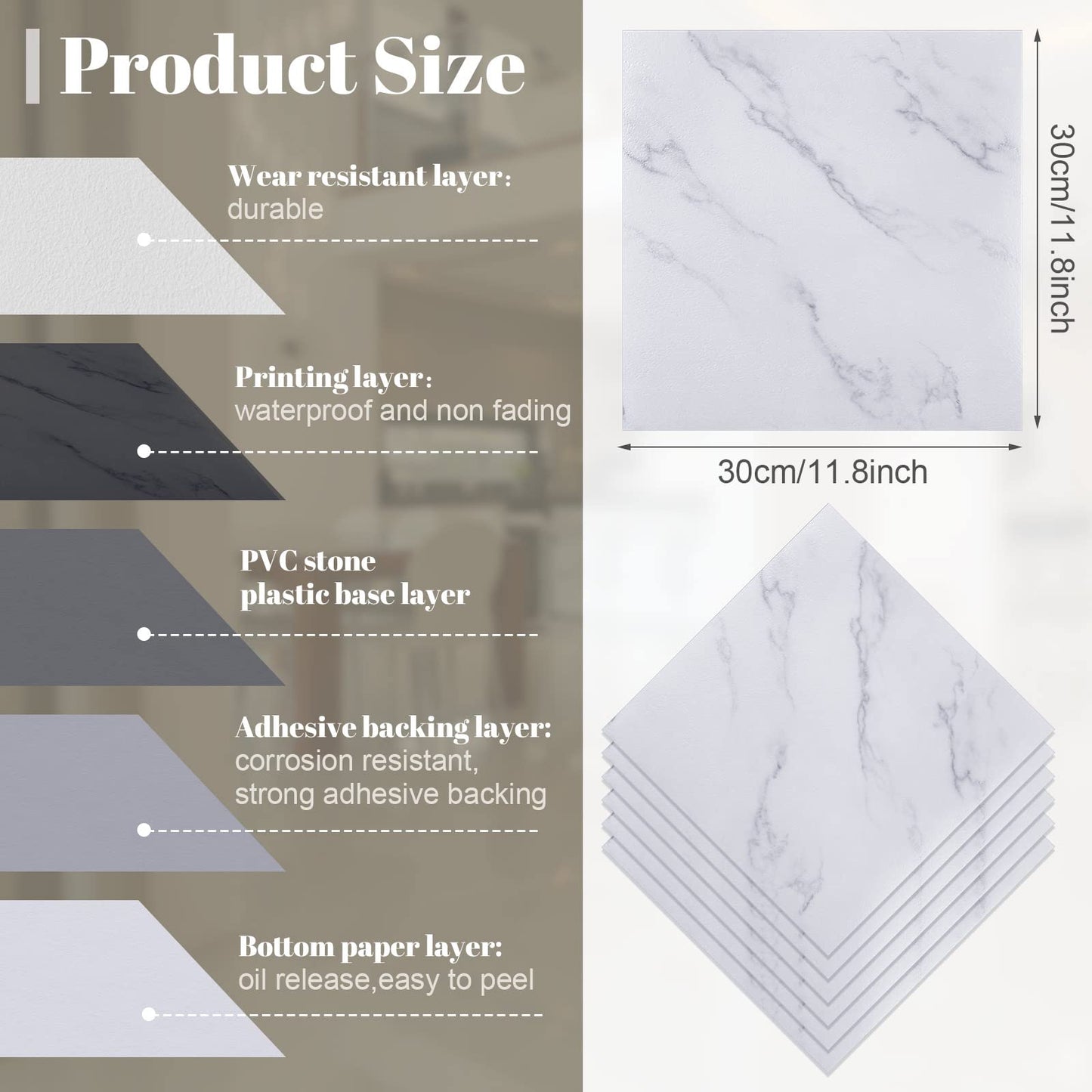 Spiareal 48 Pieces Peel and Stick Floor Tiles Vinyl Flooring 12 x 12 Inch Stick on Floor Tile Self Adhesive Waterproof DIY for Bathroom Kitchen Bedroom Living Room(White Marble)