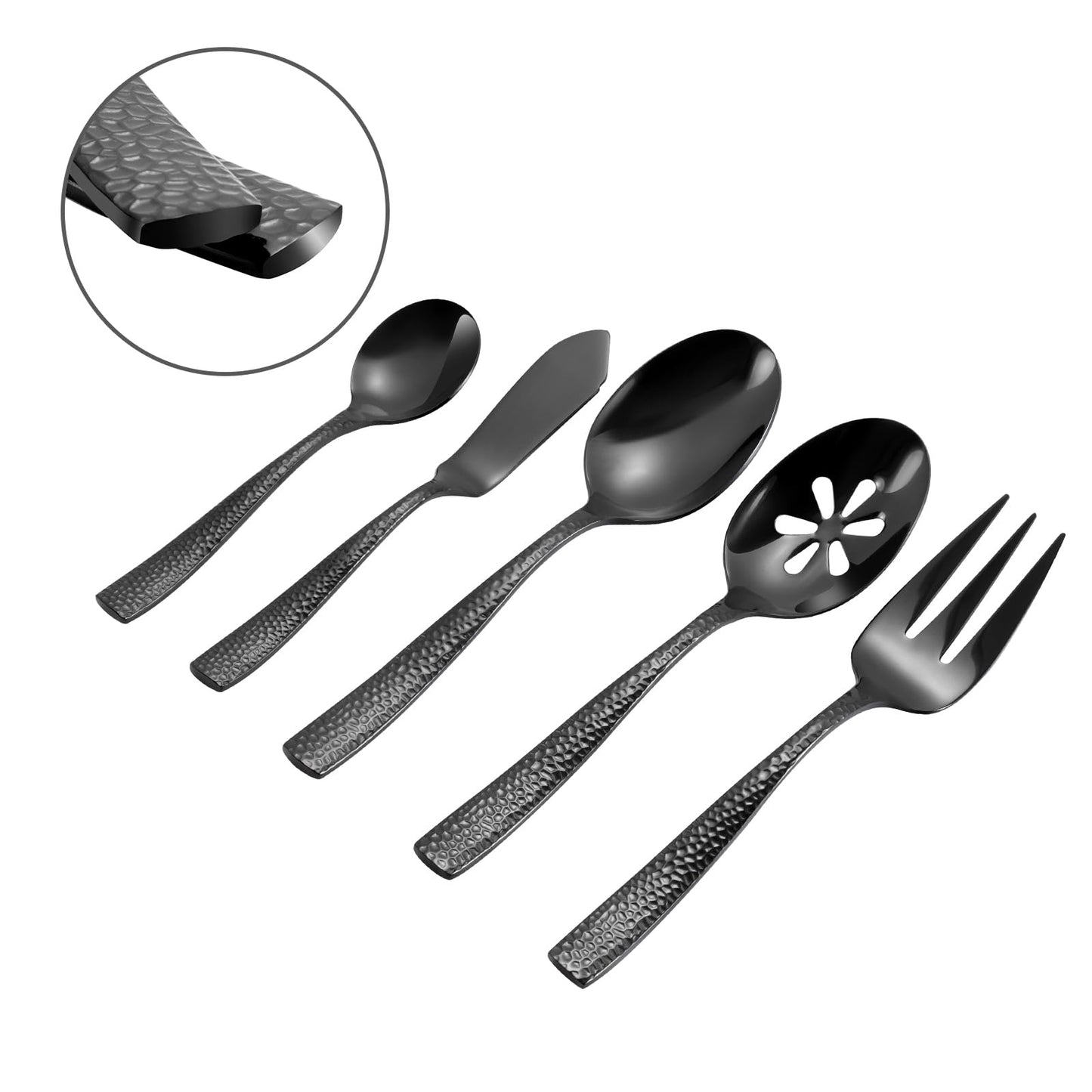 Kelenfer Silverware 65-Piece Black Hammered Flatware Set with Serving Utensils Stainless Steel Thick Handle Mirror Polished Cutlery Set for Wedding Hotel Restaurant, Service for 12