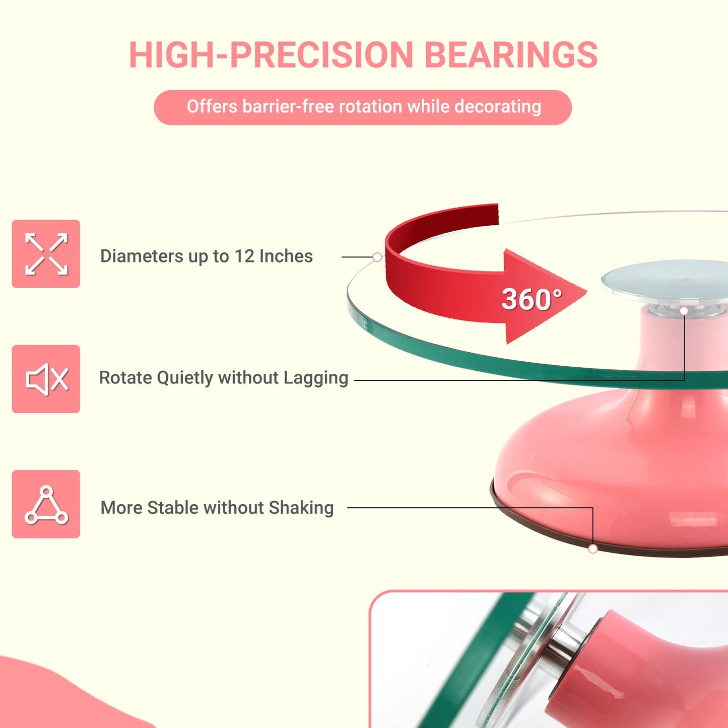 Distlety Glass Cake Turntable for Decorating: 12 Inch Cake Spinner Stand for Birthday Party Wedding Cake Decorating Supplies Tools (Pink)