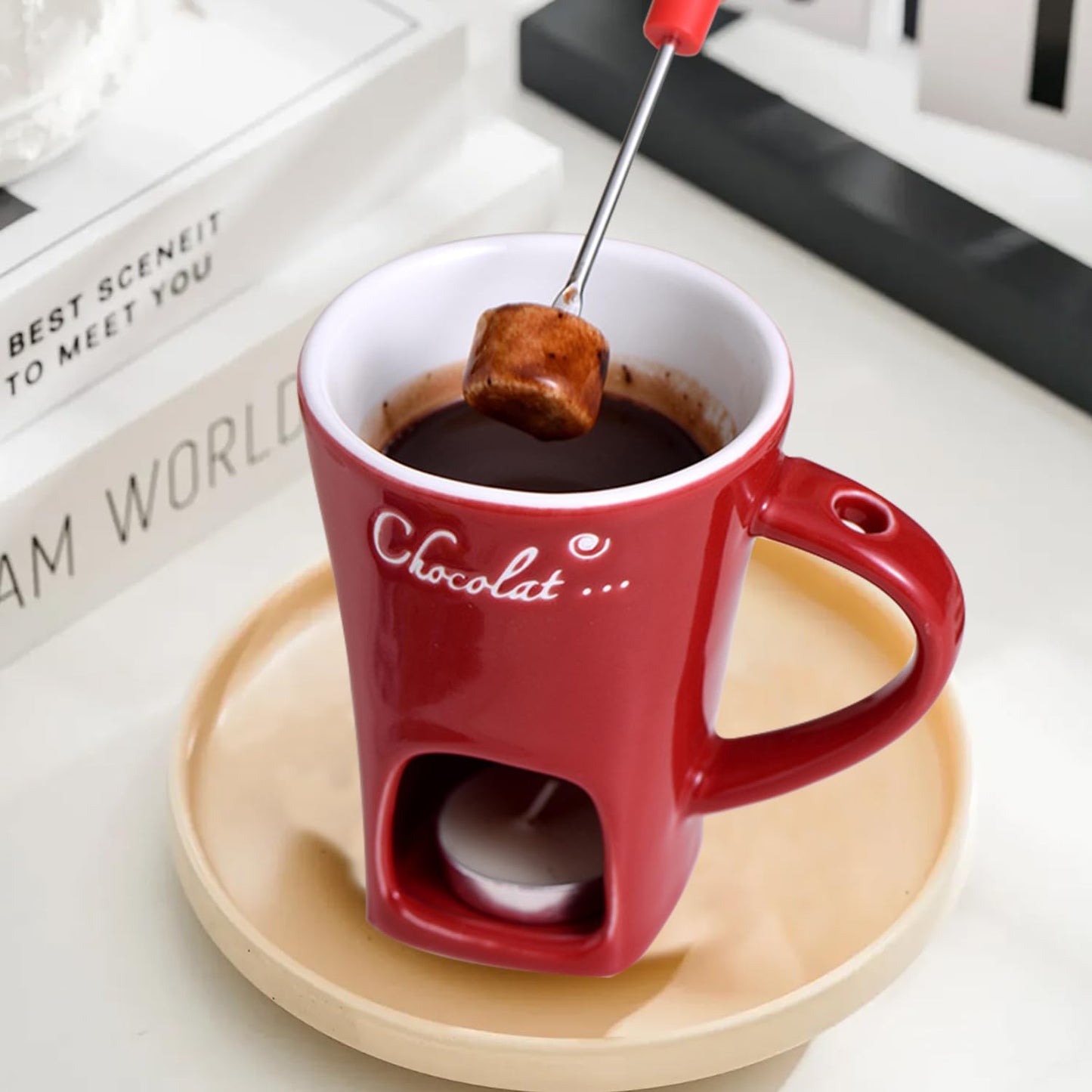 Sweet Fondue Cup for Date Night and More, Chocolate Fondue Mug with Fork, Personal Chocolate Melting Cup for Cheese, Ceramic Chocolate Melting Cup For Birthday Wedding Gifts (Red)