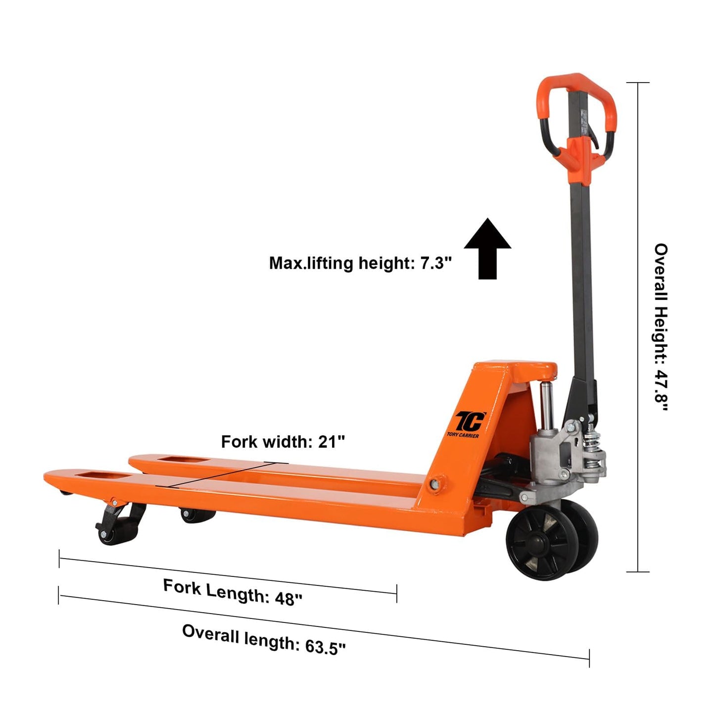 Tory Carrier Pallet Jack Hand Truck Manual Pallet Jacks 5500-Lb. Capacity 21W x 48L Forks Standard Duty, Rubber Handle, Nylon Wheels