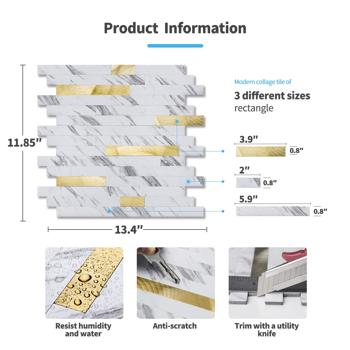 Art3d 10-Sheet Peel and Stick Backsplash Tile for Kitchen Bathroom Fireplace Laundry Room in White Slate with Gold Studded