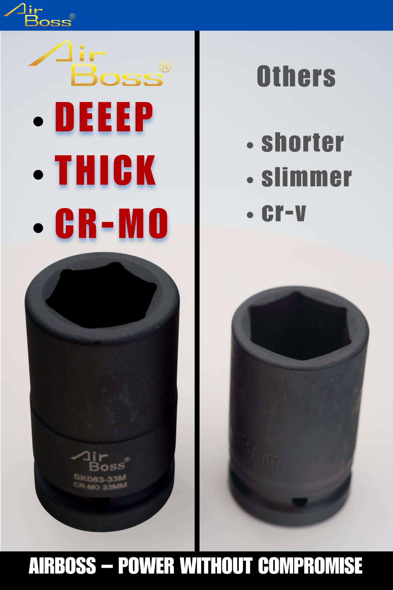 Airboss AW-342GL 1" Impact Wrench & 33M 90L CR-MO Deep Socket
