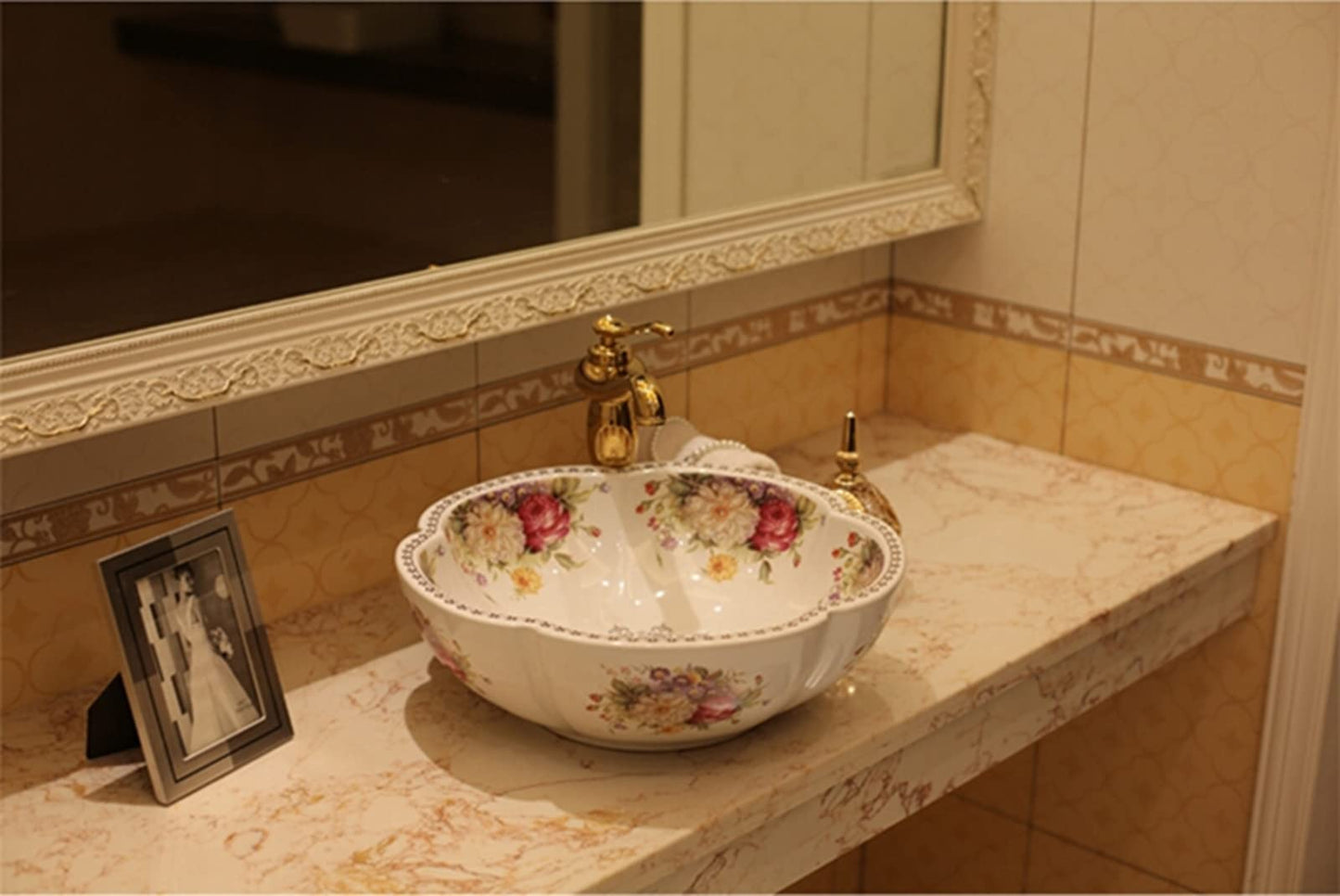 White Ceramic Bathroom Vessel Sinks with American Style Peony Flower Pattern Washing Sink for Vanity Top Bowl