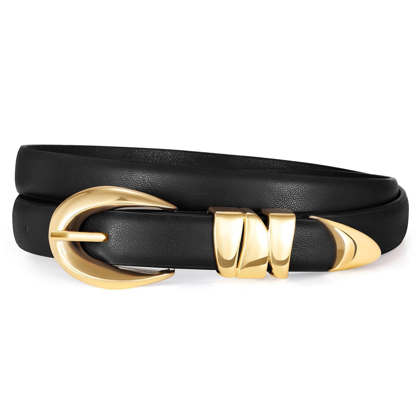 XZQTIVE Women's Skinny Leather Belts Ladies Thin Waist Belts for Jeans Dress Pants Trendy Black Belt with Gold Buckle