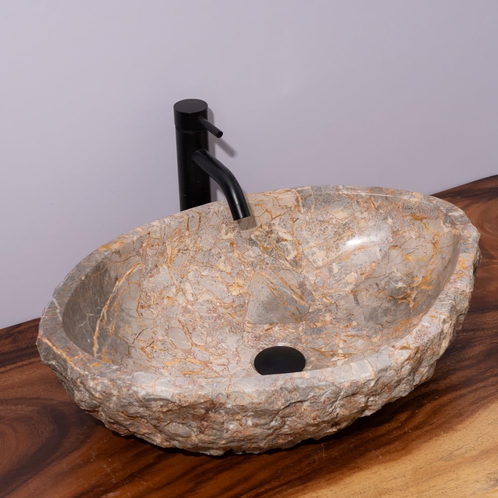 Organic Freeform Hand-Carved Marble Vessel Sink – Stone Vessel Sink with Chiseled Exterior & Natural Gold Veining – One-of-a-Kind Rustic Luxury Bathroom Sink