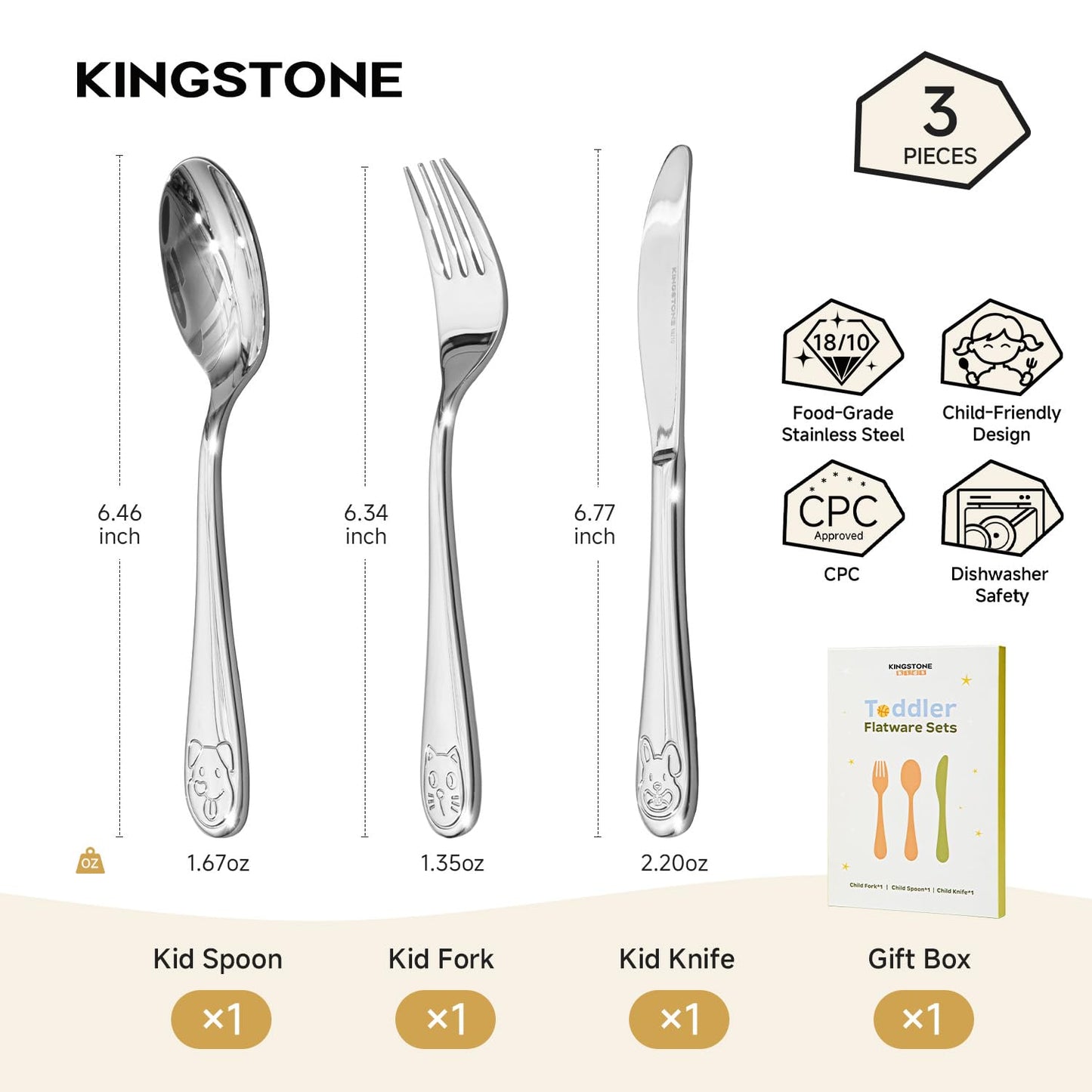 KINGSTONE Toddler Utensils Gift Set, 3-Piece Fork, Spoon & Knife, Large Size, 18/10 Stainless Steel, Cat & Dog Print, Ergonomic Kids Flatware for Self-Feeding, Ideal Birthday or Children Shower Gift
