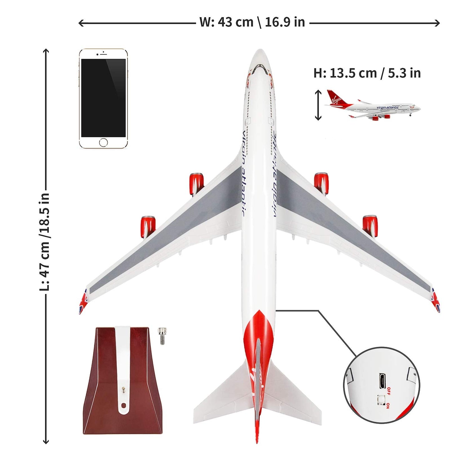 24-Hours 18” 1:130 Scale Model Jet British Airways Virgin B747 Model Planes Kits Display Die-cast Airplane with LED Light(Touch or Sound Control)