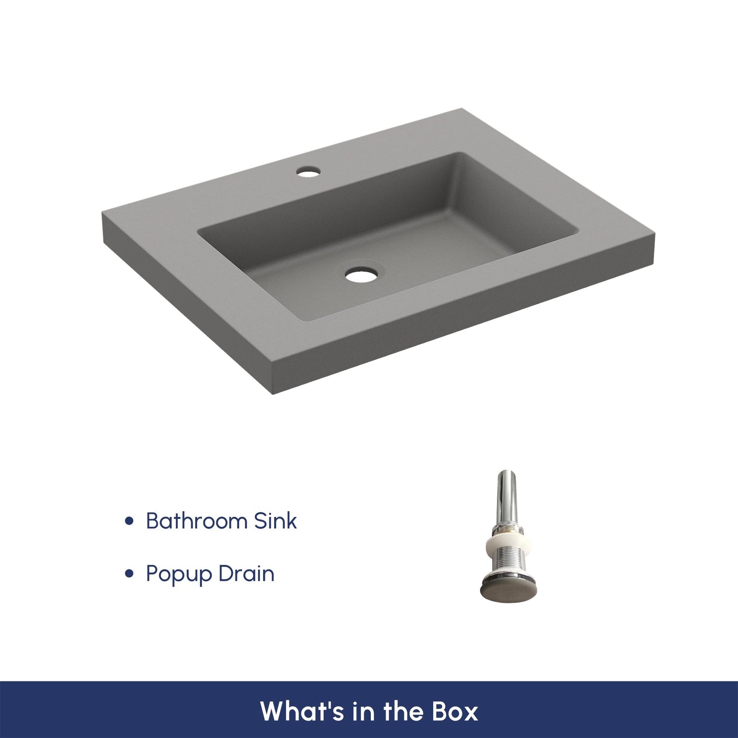 Weibath Semi Recessed Bathroom Sink, 23.4 Inch Rectangular Bathroom Vessel Sink, Drop-In Countertop Basin with Single Faucet Hole, Center Drain Assembly for Modern Vanity Cabinet, Gray