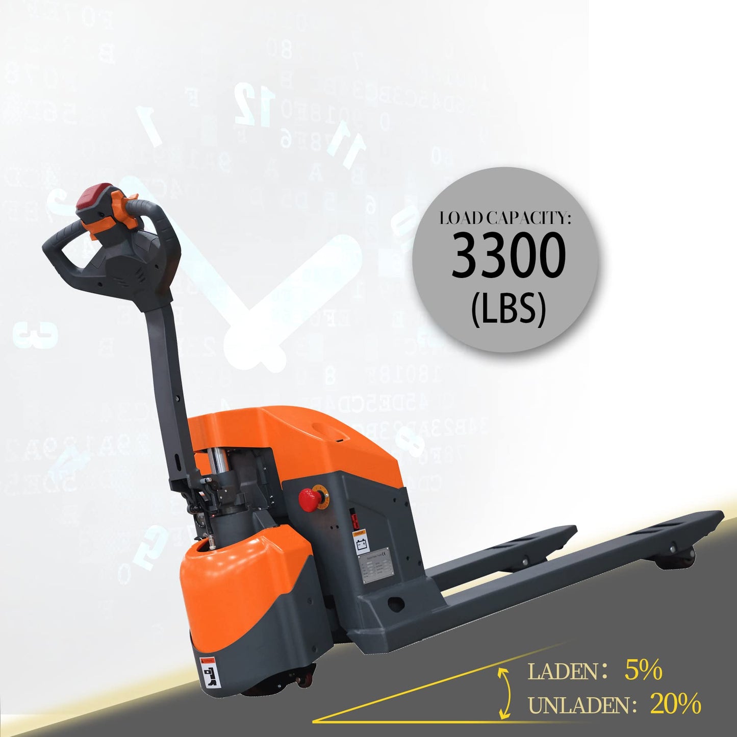 Tory Carrier Electric Powered Pallet Jack Truck, w/Emergency Key Switch 3300lbs Cap. 48" x 27" Electric Pallet Truck with Built-Out Charger