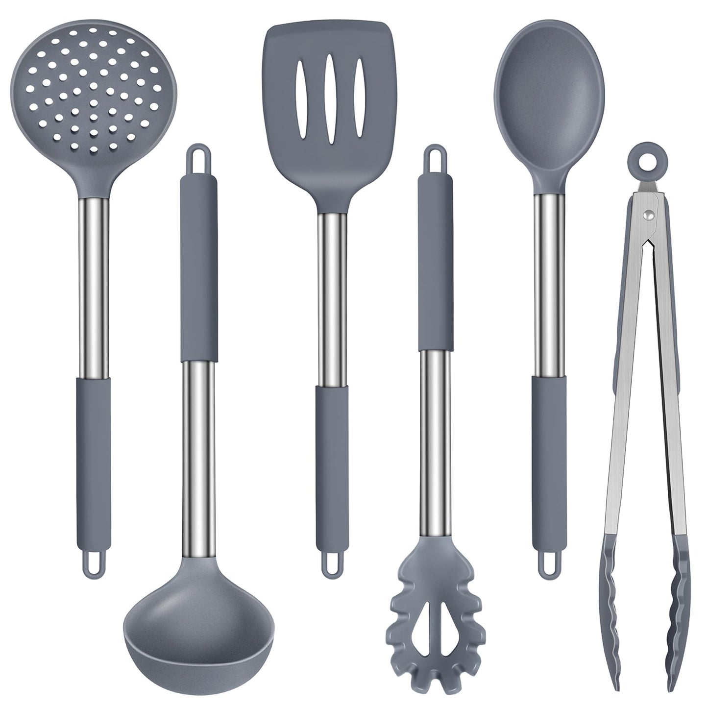 LIANYU Silicone Cooking Utensil Set, 6Pcs Heat Resistant Kitchen Utensils Set, Non-stick Stainless Steel Handle Spatula Tools, Dishwasher Safe, Grey
