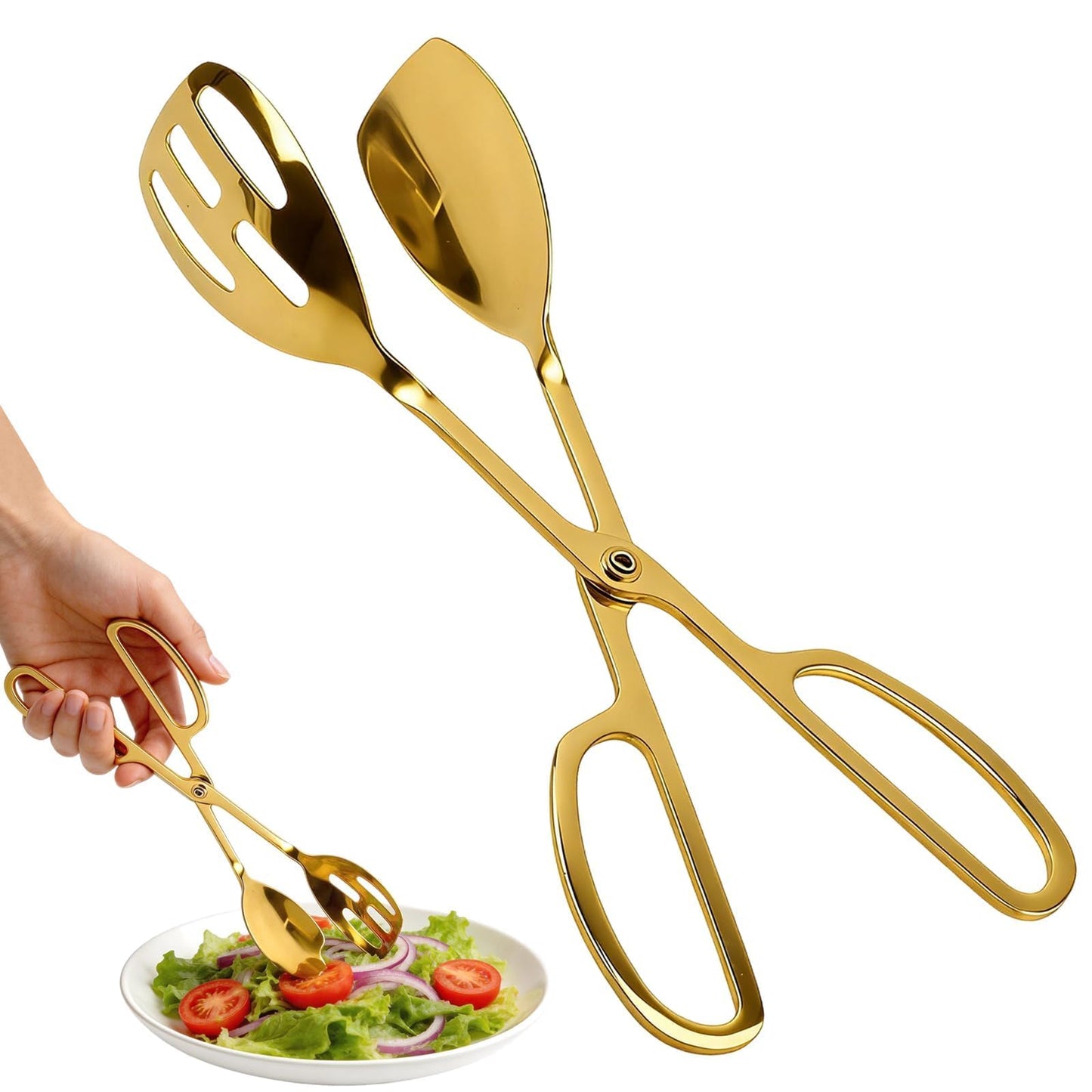 Premium Gold Salad Tongs for Serving - 10-Inch Stainless Steel Scissor Tongs, Heavy Duty Metal Salad Tossers with Comfort Grip, Elegant Food Serving Utensils for Tossed Salad, Fruit & Parties