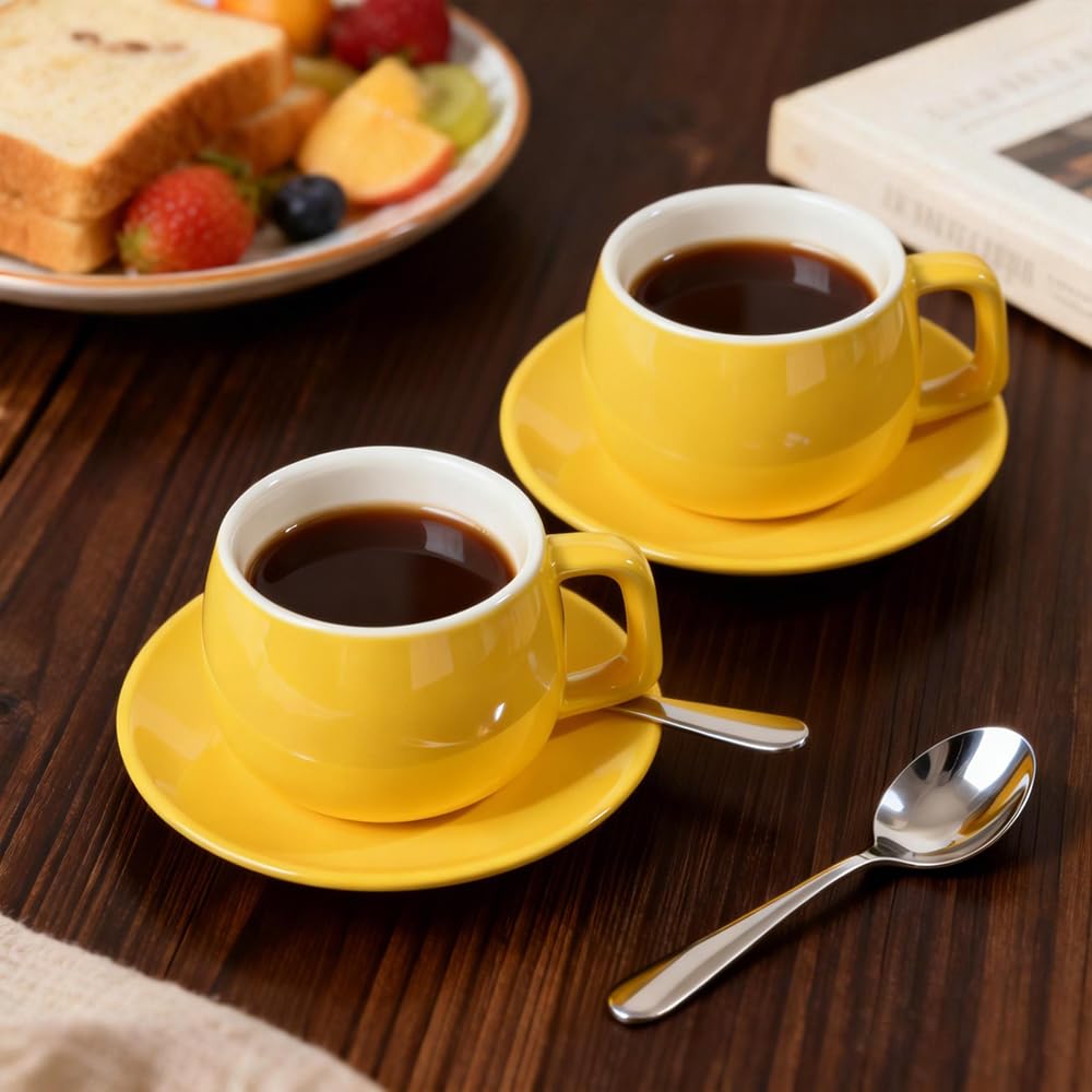 ionEgg Porcelain Coffee Cup with Saucers and Spoons 270ml/9oz for Latte, Cappuccino and Tea, Yellow, Set of 2