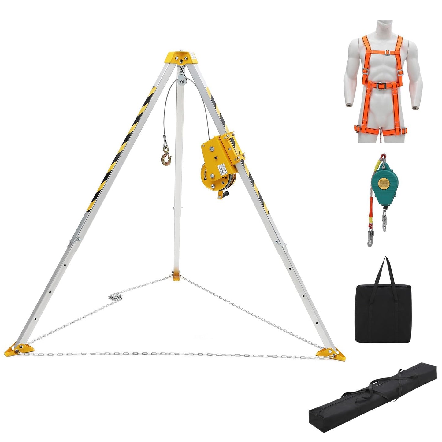 Adjustable Confined Space Tripod Rescue System – 1200 Lbs Winch, Self-Locking Safety, 49 ft Steel Cable, Safety Harness & Storage Bag, for Well, Sewer, Manhole, Tank Operations (Fall Protection)