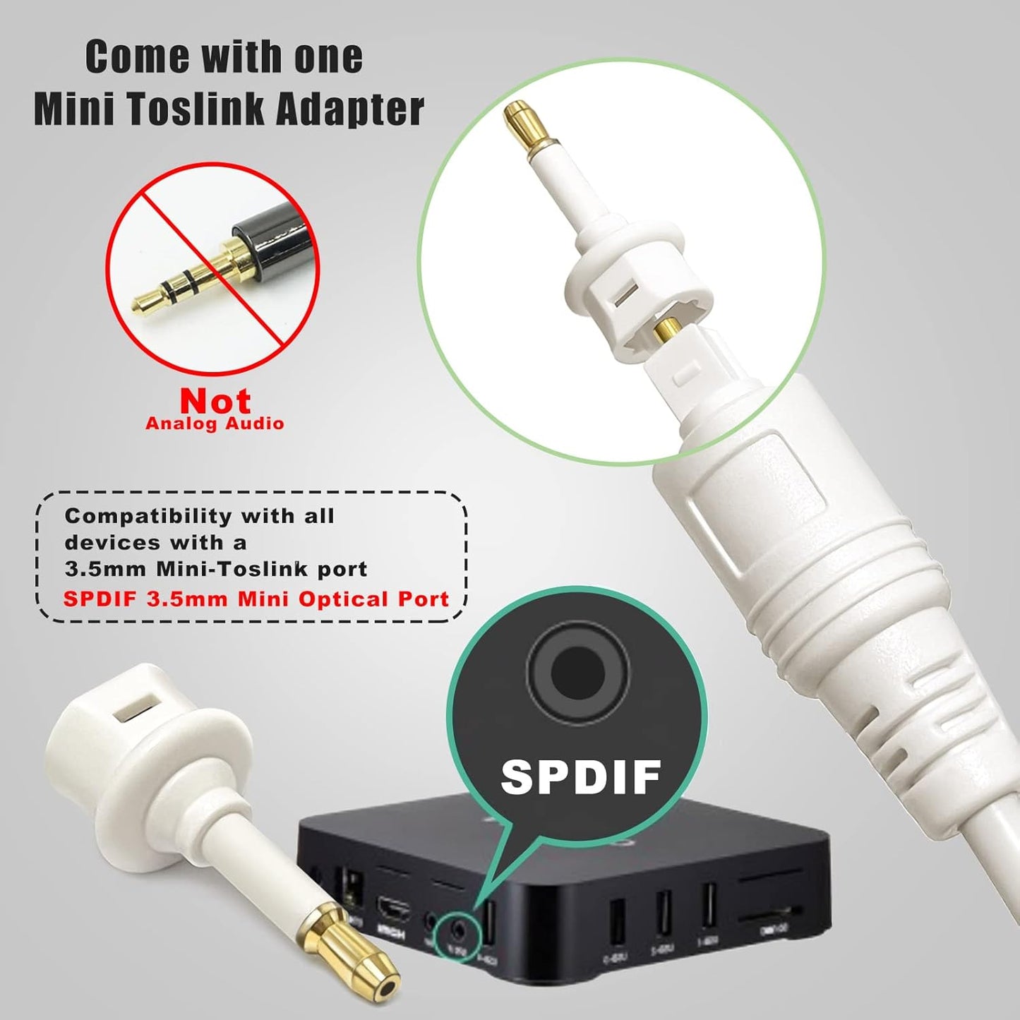 50ft Bar/TV/PS4/Xbox White Optical Audio Cable, Slim Toslink Digital Sound Cable, Fiber Optic Audio Cord for Sound