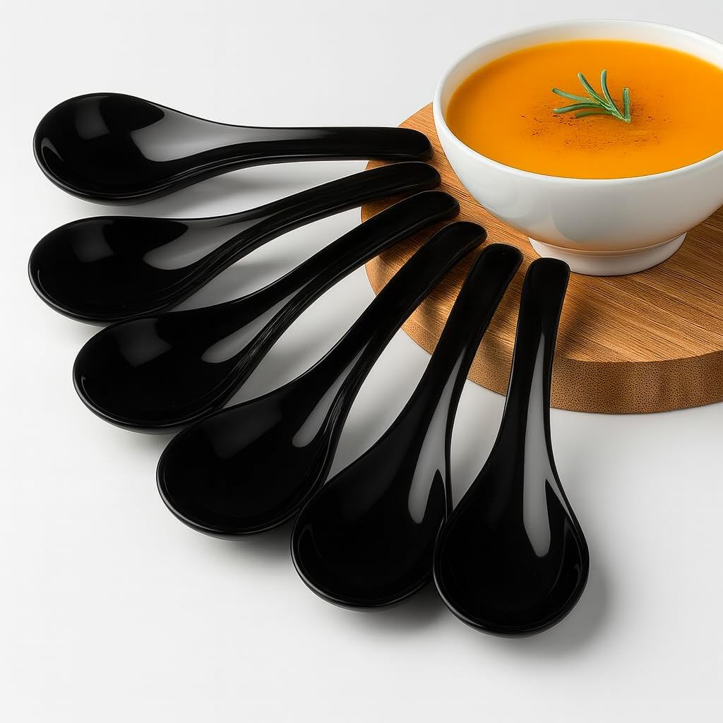 KOLIBROX Asian Soup Spoons Set - Durable Melamine Spoon for Ramen,Miso, Japanese & Chinese Soups - Comfortable Grip, Dishwasher Safe & Long-Lasting | One Set/ 6PCS (black)