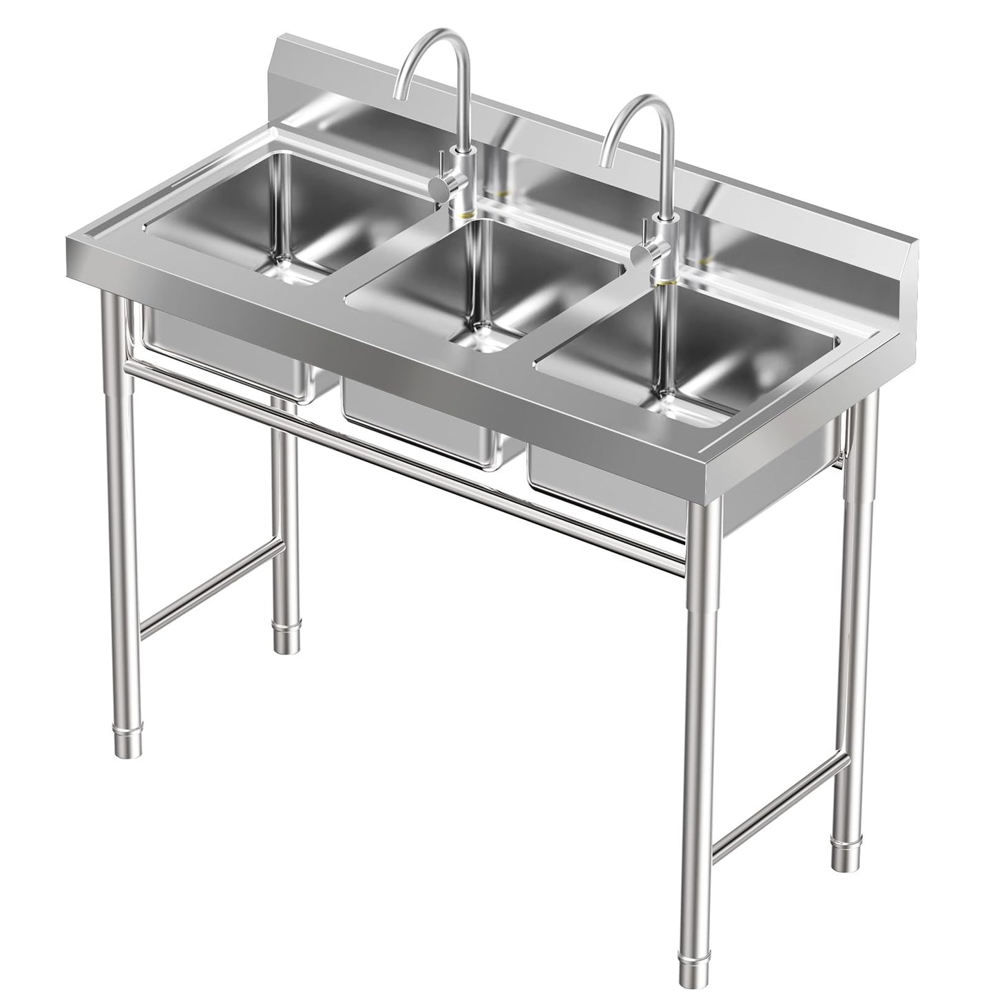 YUASDUU 3 Compartment Sink, 304 Stainless Steel Utility Sink Freestanding Kitchen Sinks Commercial Sinks with 2 Faucet & Cold and Hot Water Pipe Suitable for Food Truck Restaurant, 39'' × 18'' × 36''