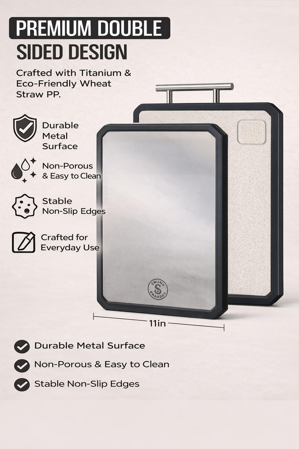 Titanium Cutting Board for Kitchen with Scraper – 16” x 11” Double-Sided Metal Cutting Board with Steel Handle, Large Prep Surface