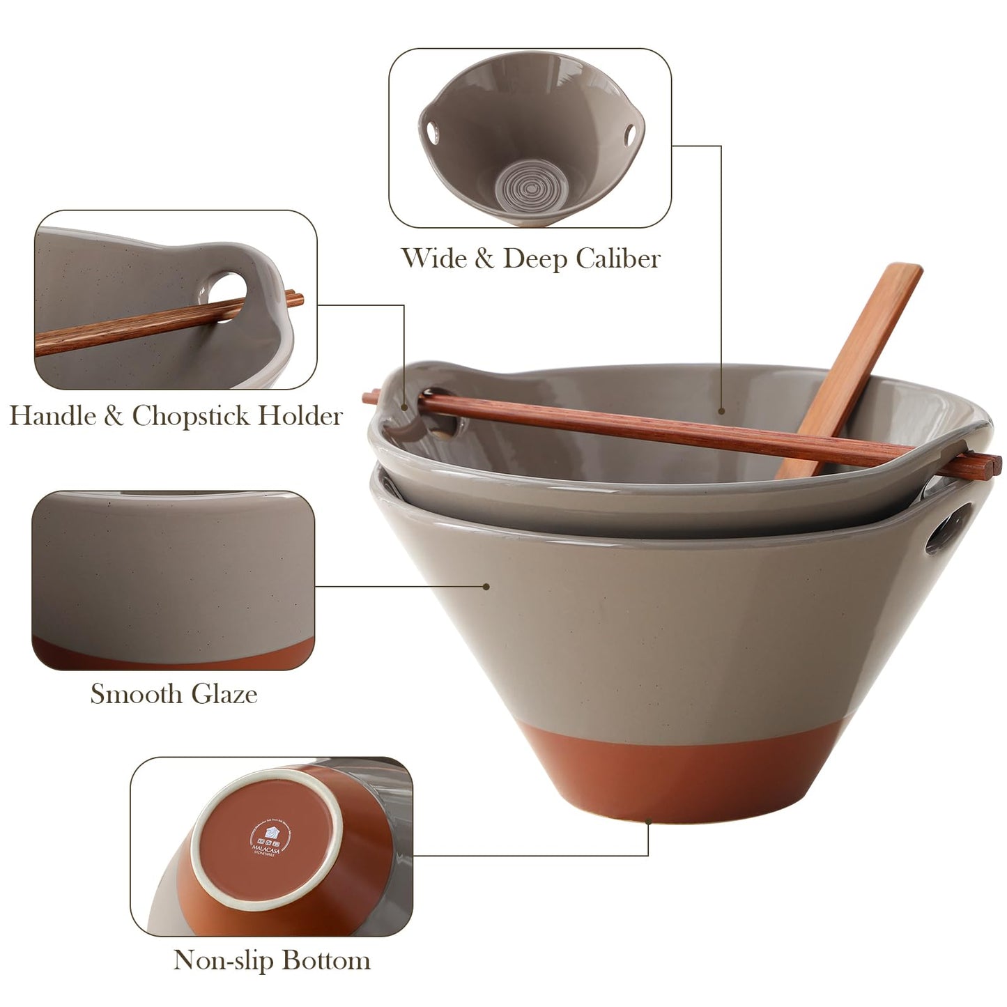 MALACASA 42 oz Ceramic Ramen Bowl Set with Wooden Spoon & Chopsticks, Japanese Style Soup Bowls for Ramen, Pho, Noodles – Set of 2, Microwave & Dishwasher Safe, Series TARA (Brown and Khaki)