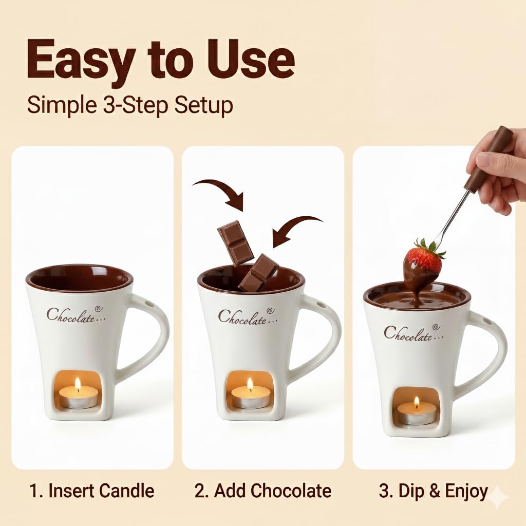Fondue Mug Set for Chocolate Ceramic Melting Cups Tealight, Mini Fondue Pot Kit with Fork & Candle,Candy warmer, Perfect Gift for Date Nights Valentines Birthday Wedding Gift Dessert lovers (1, White)