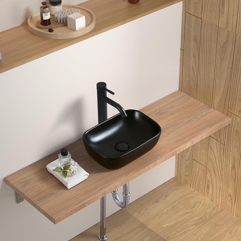 MAISINK Black Vessel Sink 14.5"x10" Small Bathroom Sink Above Counter 14 Inch Black Ceramic Porcelain Small Vessel Sink Bowl for Vanity Wash Basin