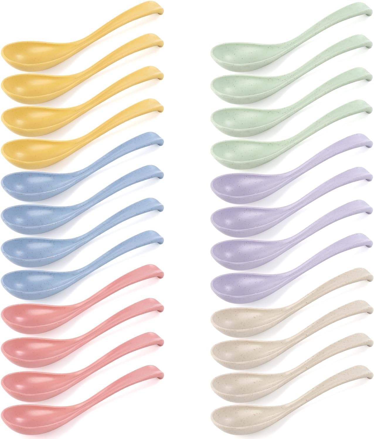 Hiceeden Set of 24 Reusable Plastic Asian Chinese Soup Spoons, Unbreakable Japanese Ramen Set, Long Dinner Spoons for Dumpling, Cereal, Dishwasher Safe, 6 Colors