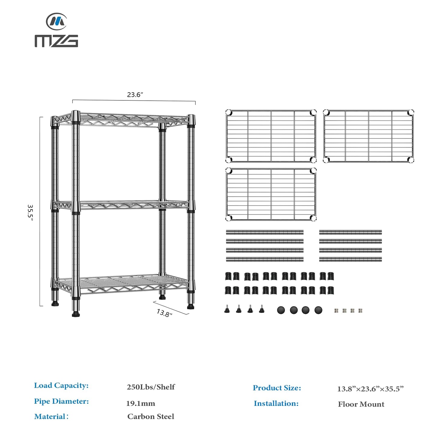 M MZG 750 lbs 3 Tier Shelf Metal Storage Shelves Shelving Wire Rack Heavy Duty Closet Organizers for Garage Kitchen Bathroom Laundry Chrome 13.8" D x 23.6" W x 35.5" H