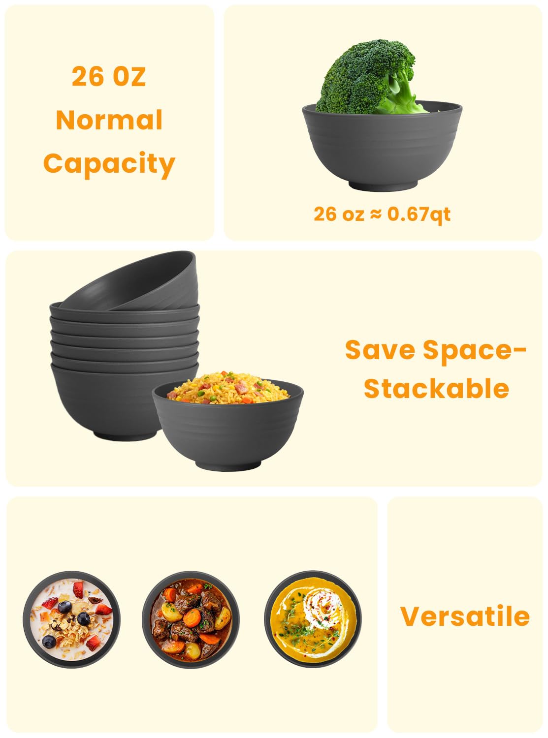 Hoimenly Wheat Straw Bowls for Kitchen, Unbreakable Cereal Bowl Set of 8, 26oz Microwave and Dishwasher Safe Bowls Set for Party, Camping, Alternatives to Plastic Bowl, Stackable Soup Bowls(Dark Grey)