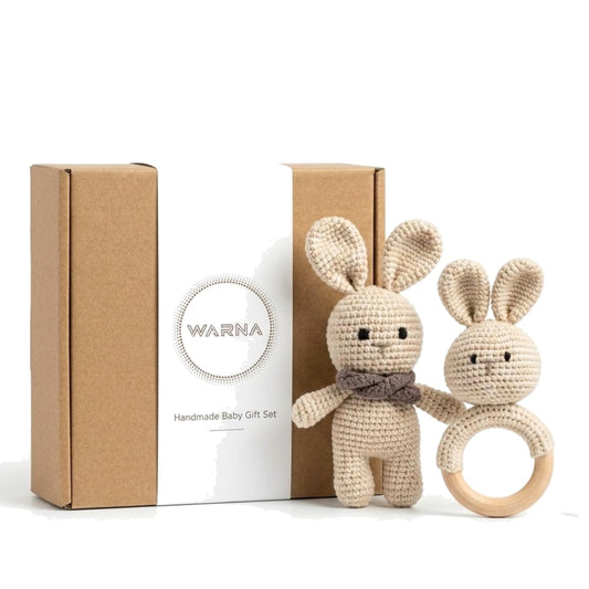 Organic Crochet Bunny Baby Rattle Toy - Handmade Newborn Gift Set with Teether & Pacifier Holder - BPA-Free Organic Cotton New Baby Gift - Infant Sensory Toy for Girls Boys 0-12 Months