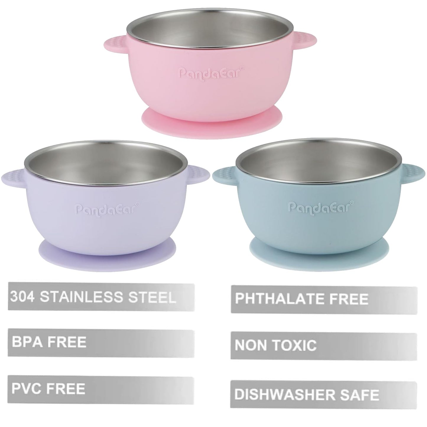 PandaEar 3 Pack Stainless Steel Suction Baby Bowls & 3 Silicone Baby Spoons | Non-Slip Stay Put Bowls & Anti-Choke First Stage Spoons for Toddlers, BPA-Free Baby Led Weaning Set