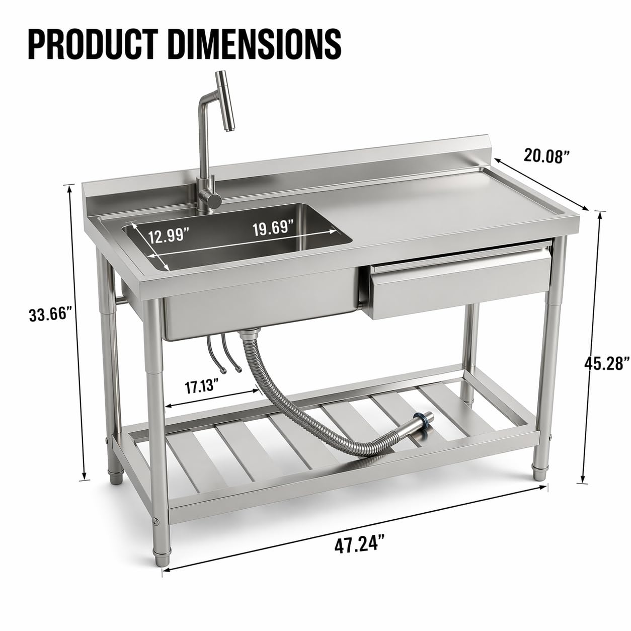 Freestanding Utility Sink 47" x 20" x 37", Left Side Single Bowl with Right Side Countertop and Storage Drawer, Stainless Steel Laundry Sink with T Shape Faucet, Workbench for Garage or Laundry Room