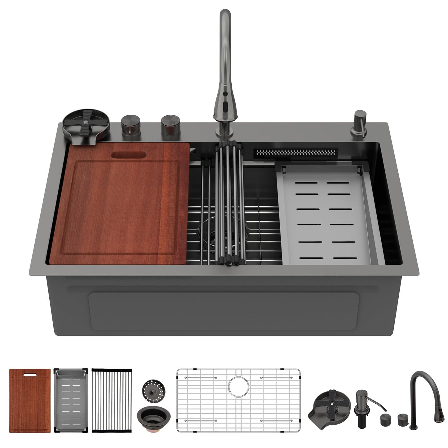 Sarlai Waterfall Kitchen Sink 30 Inch Black Drop In Kitchen Sink Topmount 16 Gauge Stainless Steel 30x22 Inch Single Bowl Multifuction Workstation Top Mount Sinks with Double Knob