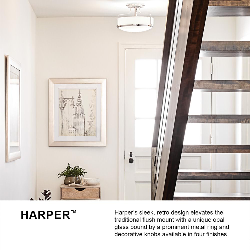 Hinkley Harper Medium Semi-Flush Mount Ceiling Light for Kitchen, Bedroom, Bathroom, and Hallway, Sleek, Retro Style Heritage Brass and Etched Opal Glass