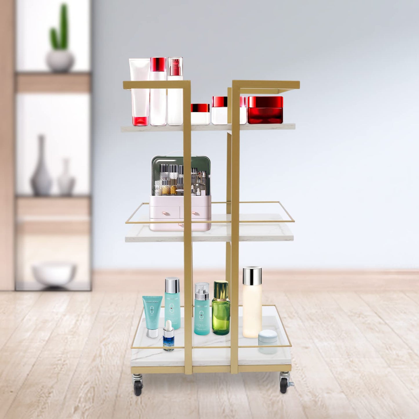 TFCFL 3-Tier Rolling Bar Cart, Utility Manicure Trolley Metal Storage Rolling Barber Cart with Wheels Multi-Purpose Rack Heavy-Duty Trolley,Serving Cart for Kitchen Bar Club Restaurant