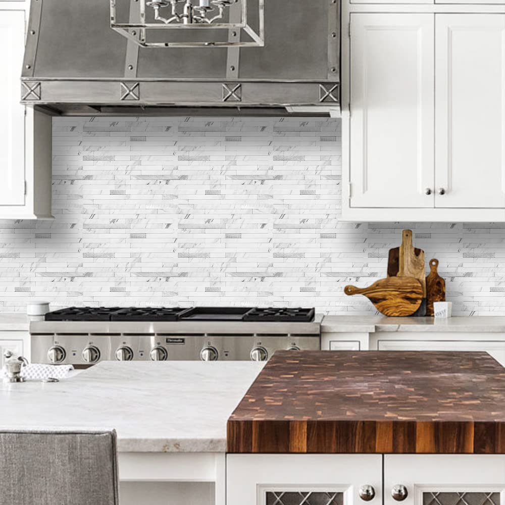 DICOFUN 10-Sheet Peel and Stick Backsplash Tile, Faux White Marble Look PVC Mixed Metal Stick on Backsplash Tiles for Kitchen and Bathroom, 9.4 sq.ft