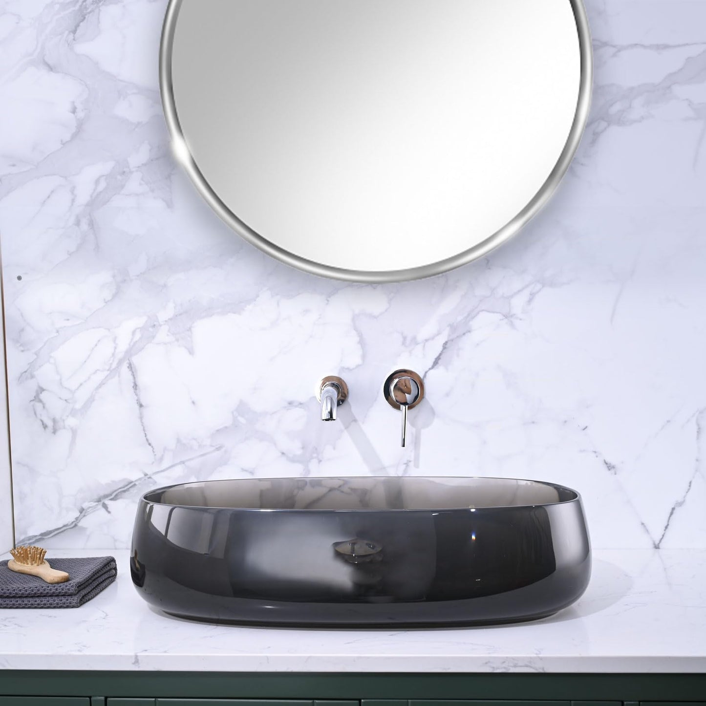 EQLOO Bathroom Vessel Sink, 23" x 15" Oval Sink, Grey Translucent Resin Vessel Sink with Pop Up Drain, Above Counter Bathroom Sink