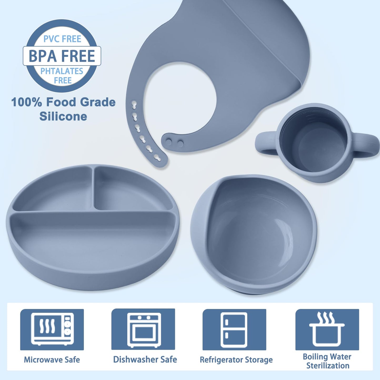 LITTLE RAWR Silicone Baby Feeding Set 14 Pcs,Baby Led Weaning Supplies, Baby Spoons Suction Bowl Divided Plate Bib Cup Finger Brush,First Stage Solid Food Eating Utensils - 6+ Months(Blue Gray)