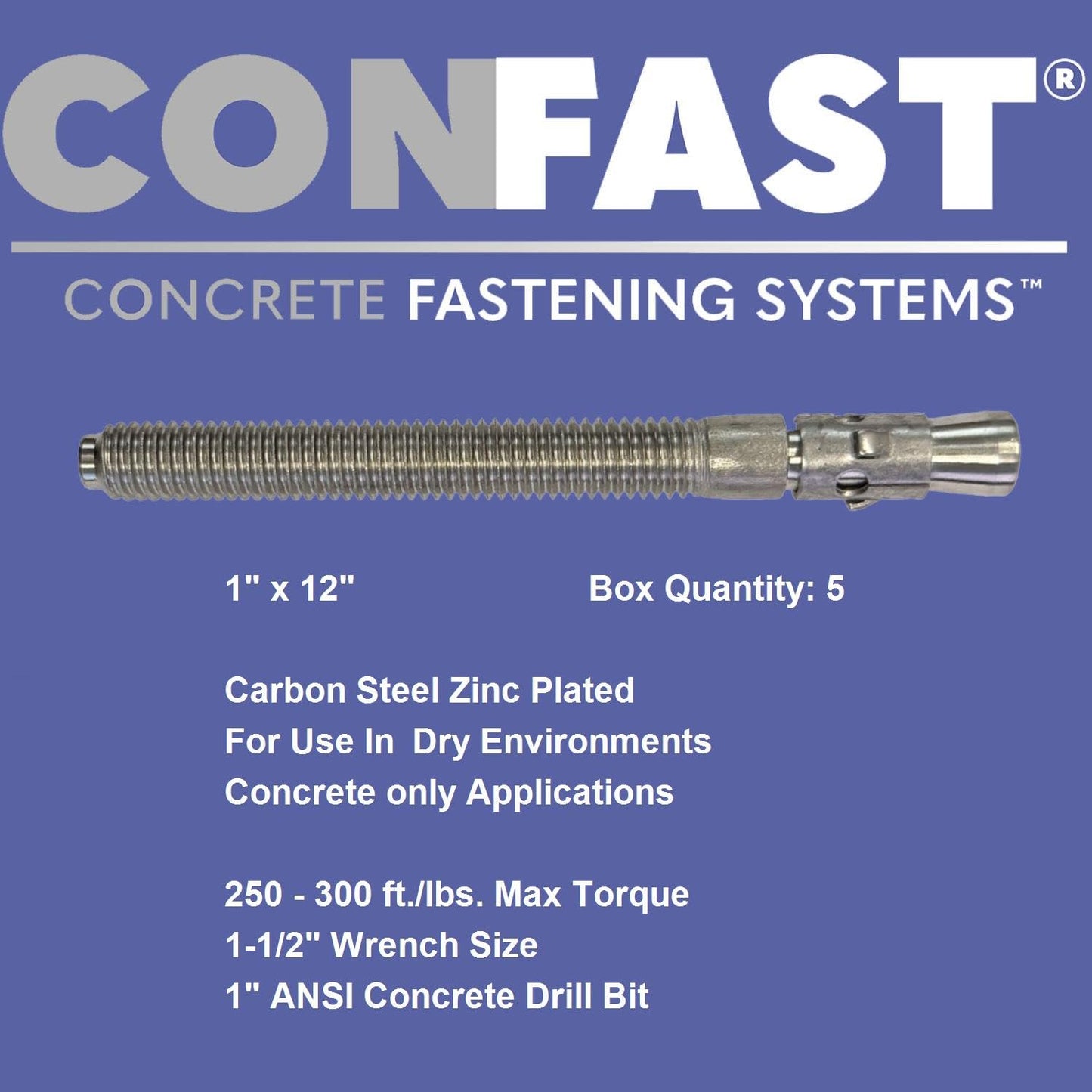 CONFAST 1" x 12" Wedge Anchor Zinc Plated (Box of 5)