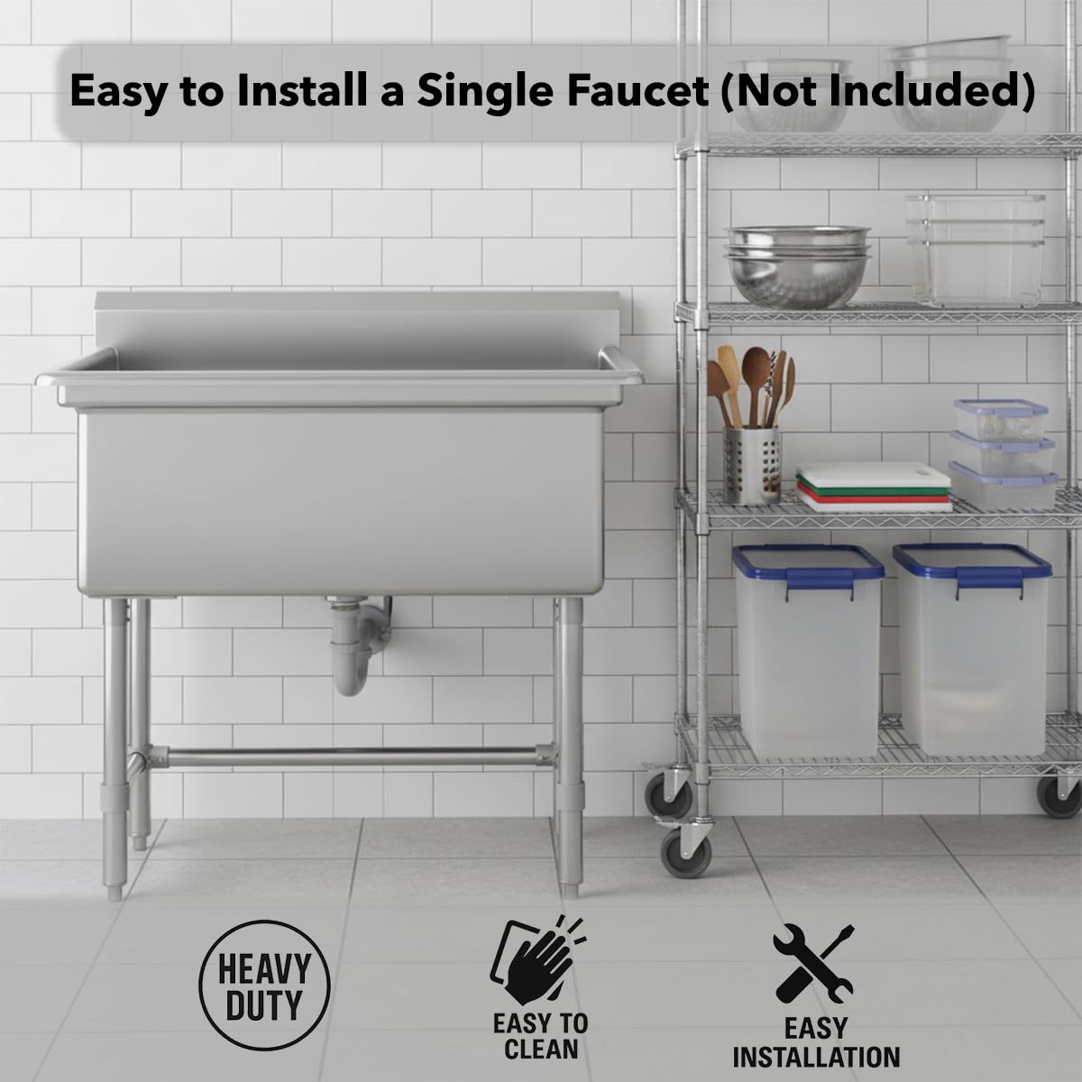 32" x 16" Stainless Steel Utility Sink with 6" Backsplash – 16-Gauge 304 Freestanding Commercial Prep & Wash Sink for Single-Inlet Faucet in Utility Rooms, Cafes, Bars, Foodservice Kitchens