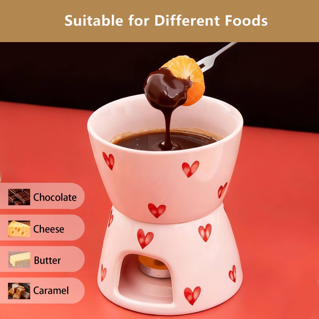 YumiPLUS Sweet Cheese Fondue Cup with 2 Dipping Forks, Ceramic Chocolate Melting Cup Set, Individual Fondue Mug for Dessert, Small Chocolate Melter for Dating/Anniversary/Gift/Valentine (Pink)