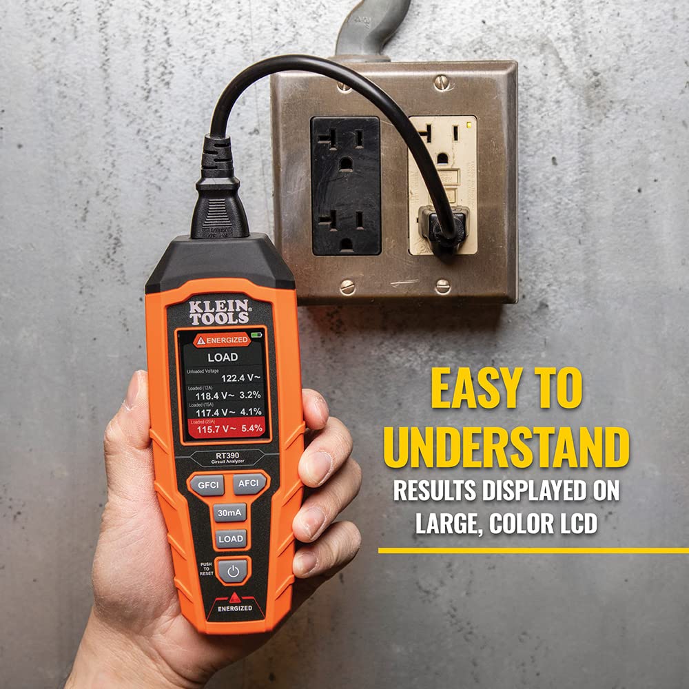 Klein Tools RT390 Circuit Analyzer with Large LCD, Identifies Wiring Faults, GFCI and AFCI Tester, Voltage Drop, Displays Trip Time, Orange & 69417 Rare-Earth Magnetic Hanger, with Strap