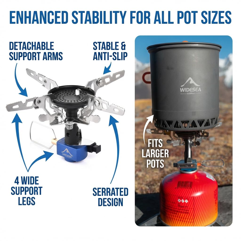 Widesea 1-2 Person Camping Cookware Set – Backpacking Pot with Heat Efficiency Ring, 3300W Folding Stove, 480ML Insulated Aluminum Mug, Utensils & Spice Container – Compact Outdoor Cooking Kit