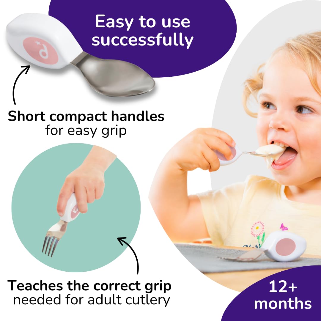 doddl Toddler Utensils, Ergonomic Fork and Spoon Set for Self Feeding, Stainless Steel Silverware for 1-3 Year Olds, BPA Free, Dishwasher Safe (Dusky Rose)