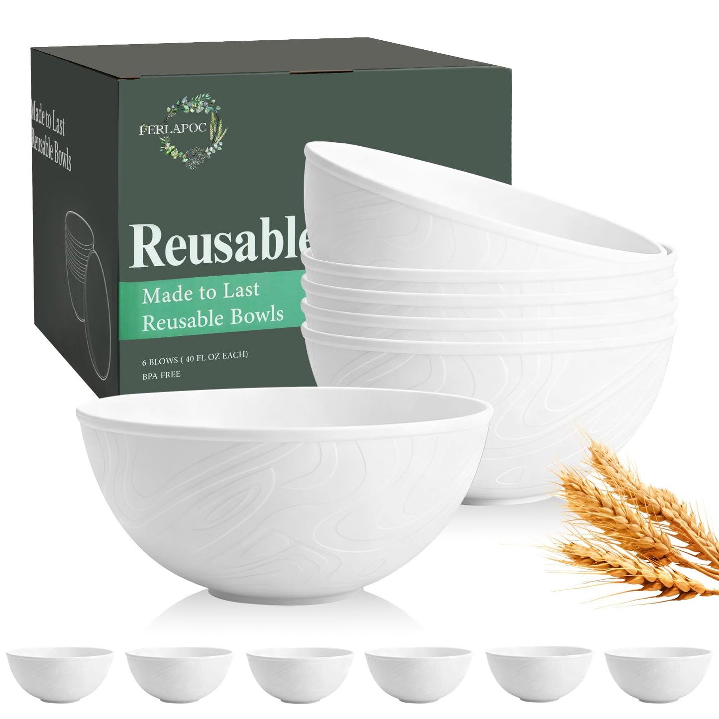 Perlapoc Wheat Straw Cereal Bowls 40 OZ, Unbreakable Bowls Set of 6, Microwave & Dishwasher Safe Bowl for Kitchen, Reusable Plastic Bowl for Cereal, Soup, Salad and Ramen, White