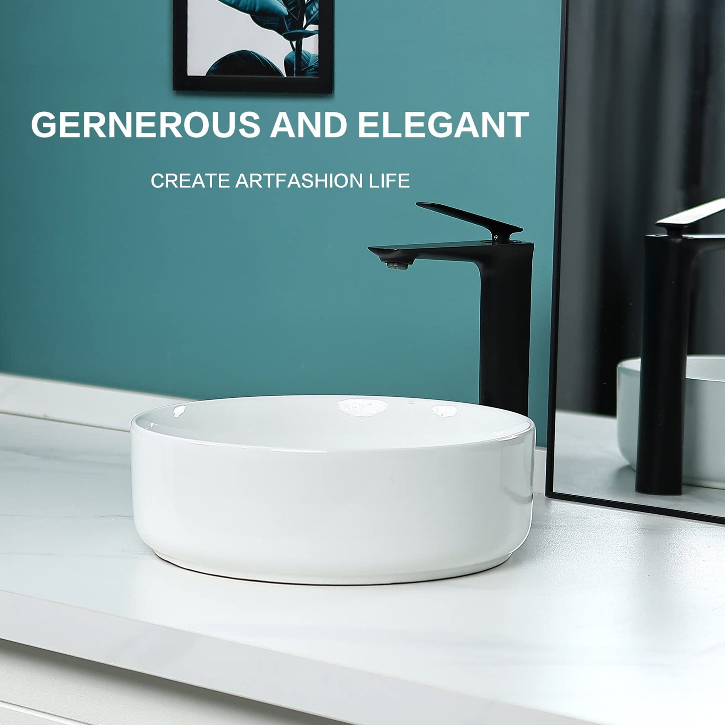 Davivy 14'' Round Vessel Sink with Pop Up Drain,Bathroom Vessel Sinks,Bathroom Sinks Above Counter,Ceramic Vessel Sink,Round Bathroom Sink,Counter top Sink,White Vessel Sink for bathrooms