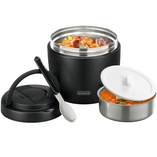 wiwens Thermo Food Jar for Hot Food Adults 32OZ Soup Thermo Lunch Containers Wide Mouth Vacuum Insulated Stainless Steel Leakproof Bento Box with Spoon (Black)