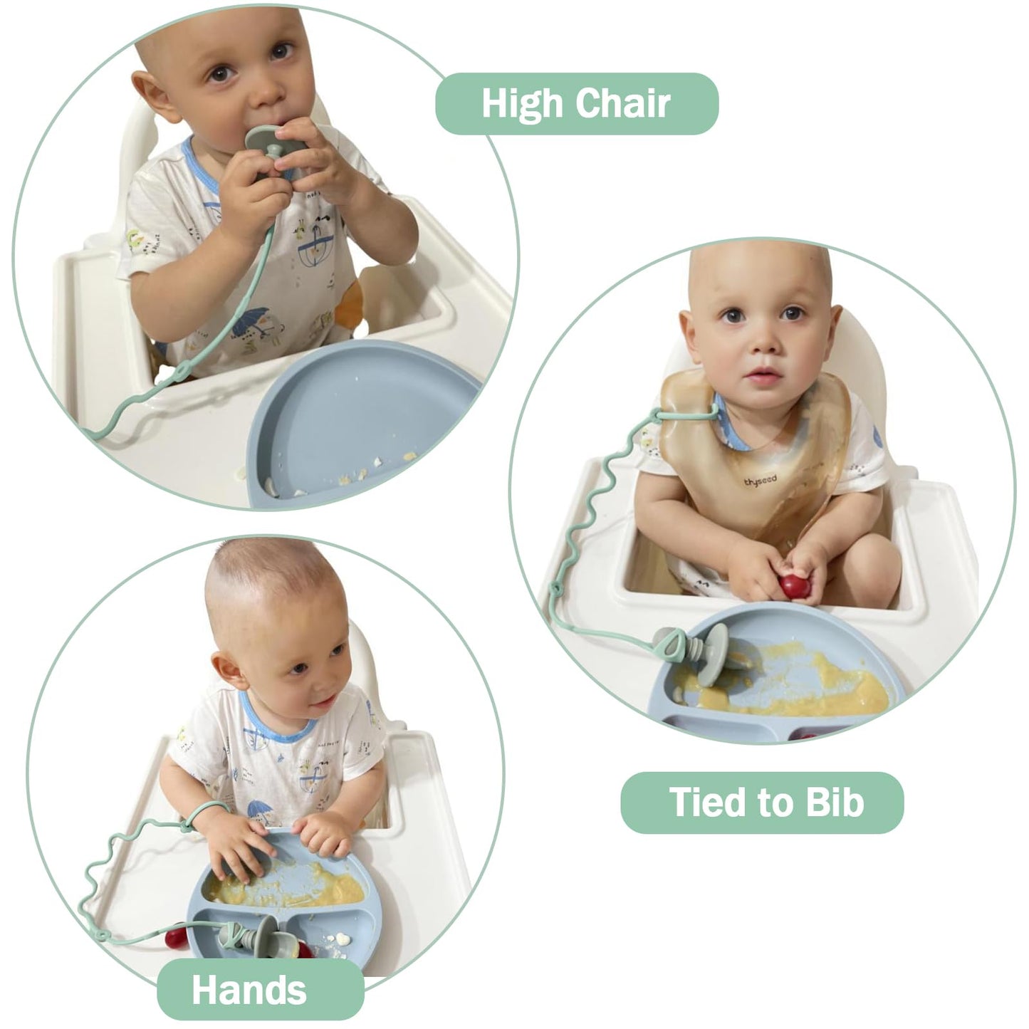 4PK Baby Spoon and Fork with Holder Straps for Kids Aged 6+ Months Self Feeding, No Throw Toddler Travel Essential Leash for High Chair or Bib or Wrist, Silicone Baby Led Weaning Supplies-Green/Green