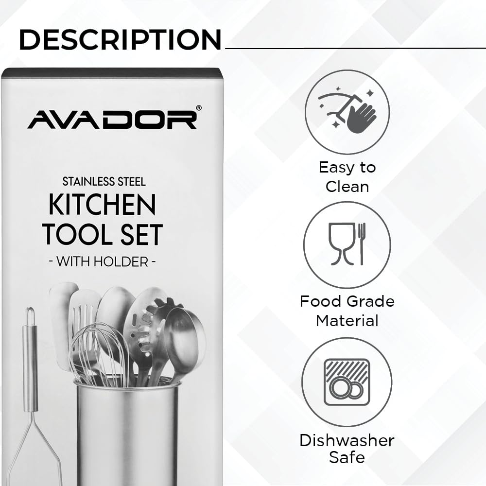 Avador® Premium Set of 10 Stainless Steel (BLACK HOLDER) Kitchen Tool Set with Holder Easy To Clean, Space Saving, Great for Cooking, Baking, Prepping (BLACK)